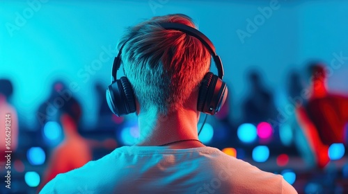 A person wearing headphones listens intently, with a vibrant, illuminated background suggesting a lively atmosphere, This image is perfect for music-related content, events