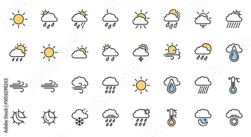 A diverse set of colorful weather forecast icons in a clean line art style depicting various atmospheric conditions.