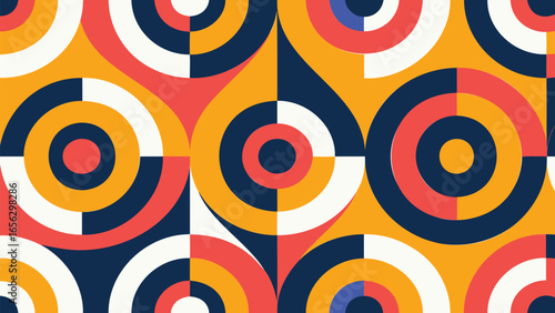 Geometric pattern featuring concentric circles and teardrop shapes in bold colors creating a retro design