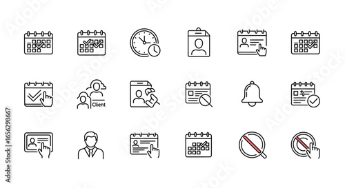 Set of business and planning line icons for scheduling appointments and user management featuring calendars clocks and profiles.