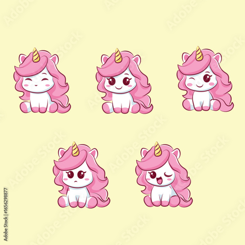 Funny Cartoon unicorn Characters Kawaii Style Vector