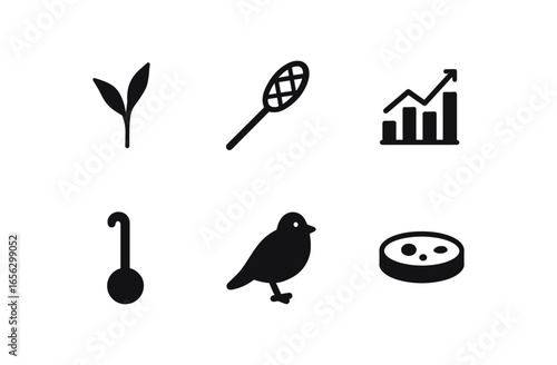 flat black solid icon items isolated on white background scientist (wetland ecologist): plant net chart probe bird sample