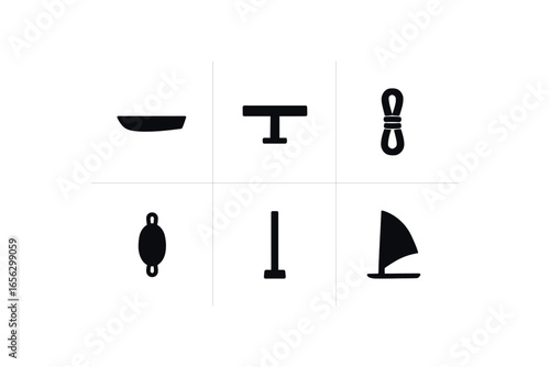 flat black solid icon items isolated on white background builder (outrigger): hull beam rope float mast sail