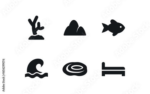 flat black solid icon items isolated on white background reef (coral shelf): branch rock fish wave pool bed