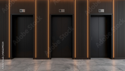 Three black elevator doors with illuminated accents in a hallway
