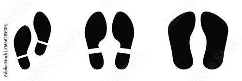 Human footprint and shoe print silhouette vector icon set. Barefoot and boot prints collection. Barefoot steps silhouette. Foot prints path symbol for walking, travel or journey concept.