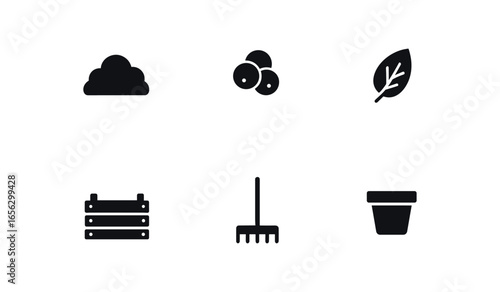 flat black solid icon items isolated on white background farmer (berry grower): bush fruit leaf crate rake pot