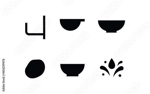 flat black solid icon items isolated on white background structure (rain chain): bracket gutter bowl stone basin splash