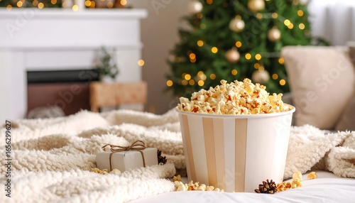 Popcorn in a paper container on a bed, Christmas setting