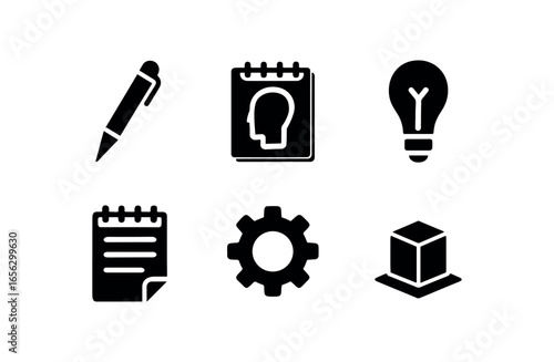 flat black solid icon items isolated on white background thinker (design): pen sketch bulb note gear model