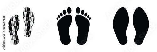 Human footprint and shoe print silhouette vector icon set. Barefoot and boot prints collection. Barefoot steps silhouette. Foot prints path symbol for walking, travel or journey concept.