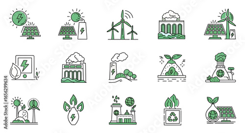 A collection of green and black line art icons representing renewable energy sources ecology and sustainability concepts.