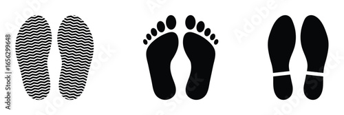 Human footprint and shoe print silhouette vector icon set. Barefoot and boot prints collection. Barefoot steps silhouette. Foot prints path symbol for walking, travel or journey concept.
