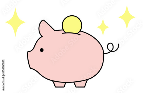 横向きでコイン付きのシンプルな豚の貯金箱を描いた線画ベクターイラスト