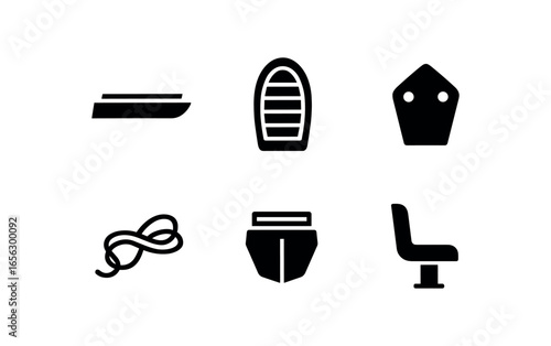 flat black solid icon items isolated on white background vessel (river tender): hull deck bow stern rope