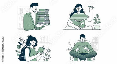 Diverse people reading books and studying, engaging in educational and leisure activities.