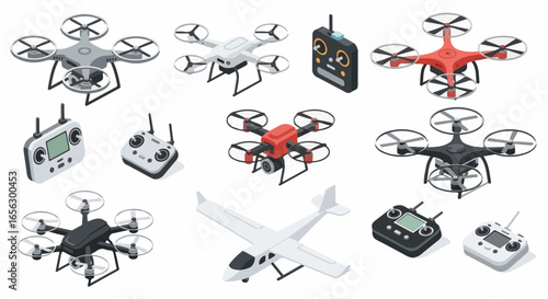 Isometric collection of various modern drones and remote controllers.