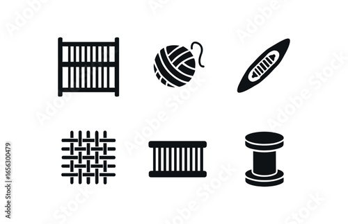 flat black solid icon items isolated on white background craft (loom weaving): loom yarn shuttle warp weft beam
