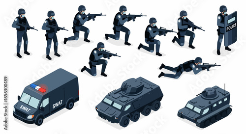 Isometric Illustrations of SWAT Team Members and Vehicles.