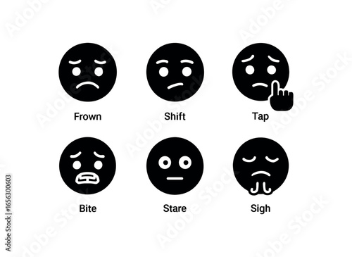 flat black solid icon items isolated on white background feeling (anxious glance): frown shift tap bite stare sigh