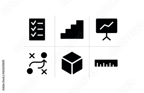flat black solid icon items isolated on white background thinker (method): list step chart plan box rule