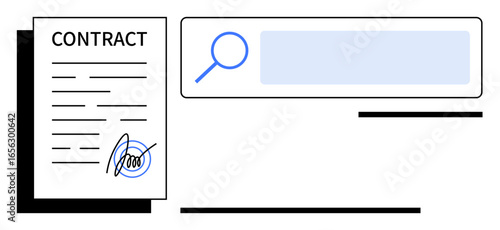 Signed contract document beside magnifying glass hovering over a search bar. Ideal for legal, business agreement, document signing, verification, analytics, search process, and simple landing page