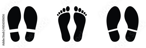 Footprint and shoe print icons set vector illustration isolated on white background. Vector footprint icons collection, human shoe print icon, boot path and sole print silhouettes set. EPS 10