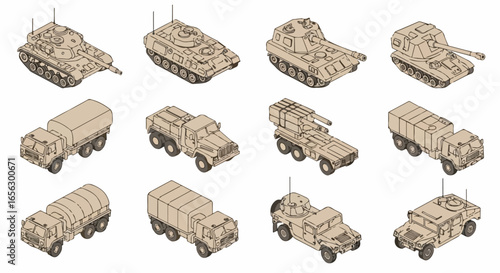 Isometric Military Vehicles - Tanks, Trucks, and Armored Cars in Desert Camouflage.