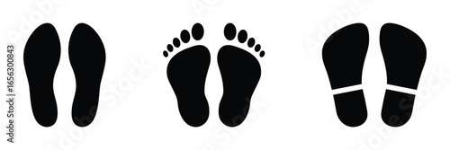 Footprint and shoe print icons set vector illustration isolated on white background. Vector footprint icons collection, human shoe print icon, boot path and sole print silhouettes set. EPS 10