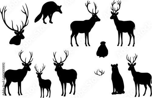 Vector set of northern animals silhouettes. Set of winter animals. Merry Christmas and New year. Design element poster, banner, invitation, congratulations, postcards