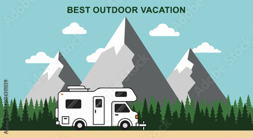 White RV Camper Van with Mountain Backdrop and Forest, Best Outdoor Vacation.