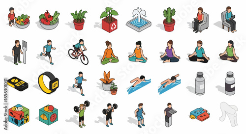 A colorful isometric icon set illustrating healthy lifestyle, wellness, fitness, and self-care activities.