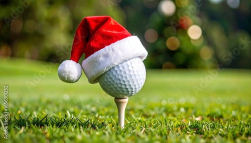 A festive golf ball perched on a tee, topped with a red-and-white Santa hat; set against a grassy field with blurred trees in the background