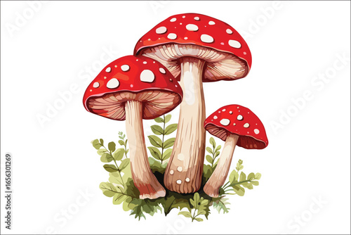 Watercolor Red Mushroom Clipart – Amanita Muscaria Toadstool Illustration