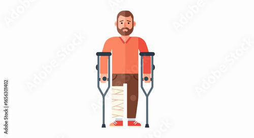Man with prosthetic leg and crutches, symbolizing recovery and mobility.