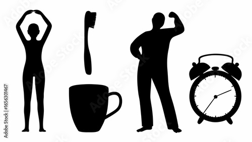 Silhouette of a woman stretching, toothbrush over a mug, man flexing, and an alarm clock on white background