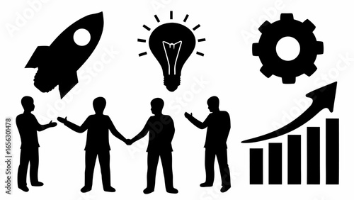Black silhouettes of people rocket lightbulb gear and graph representing business startup and teamwork