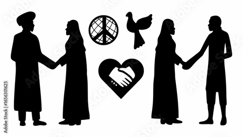Silhouettes of people shaking hands with peace symbols and dove representing global harmony and unity