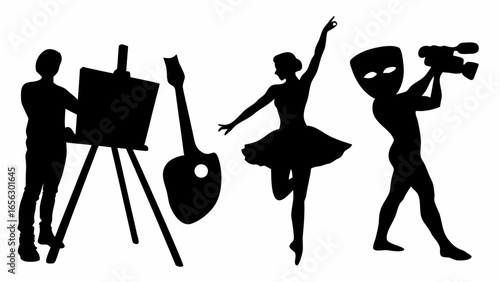 Silhouette of artist painting, guitar, ballerina, actor with mask and cameraman representing arts