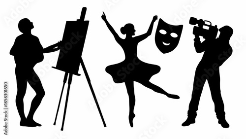 Silhouette of artist painting, ballerina dancing, actor with mask, videographer capturing scene