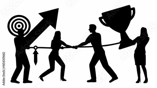 Silhouette of a tug of war between two teams aiming for target and trophy on a white background