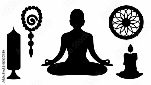 Silhouette of meditating person with prayer beads candle and dharma wheel in monochrome style art design