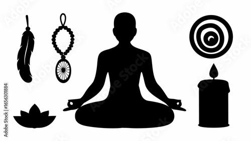 Silhouette of meditating person with feather, necklace, lotus, spiral, and candle symbols in black