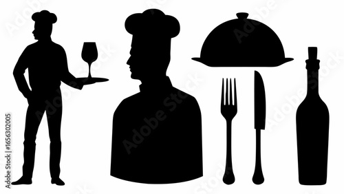Silhouette illustration of chef serving wine, chef portrait, food platter, fork, knife, and wine bottle isolated