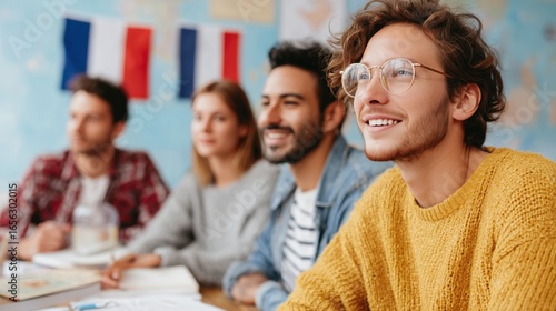 Group of international students engaged in a cheerful language conversation class, sitting around a table with American and French flags, enjoying multicultural learning in a modern classroom.