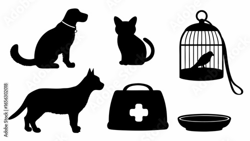 Silhouette vector art featuring a dog, cat, bird in cage, another dog, first aid kit, and a bowl object