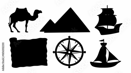 Silhouette of a camel, pyramids, a scroll, a compass, a sailing ship and a boat on a white background