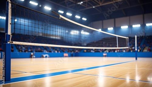 Indoor volleyball court with a wooden floor, marked game lines, and a central net supported by black poles