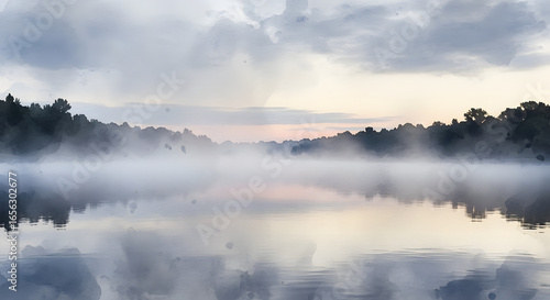 Wallpaper Mural Misty river landscape at sunrise with fog rolling over the water and trees reflected Torontodigital.ca