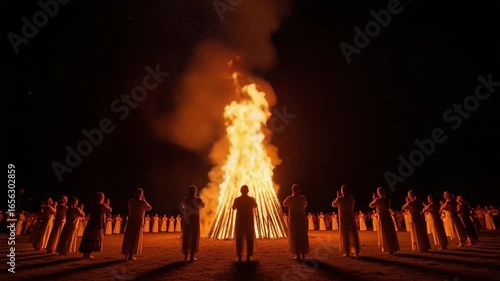 Bonfire Ceremony at Night Featuring People in Silhouettes with Flame and Celebration of Tradition and Culture Gathering in the Darkness